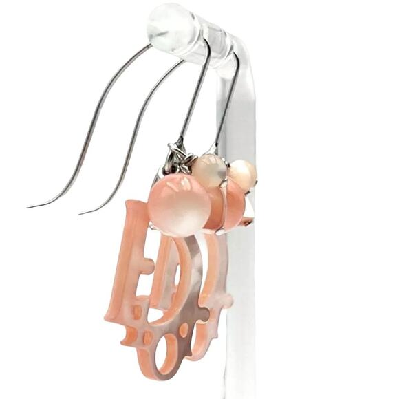 AUTH Christian Dior Rose Quartz Beaded Mother of Pearl Logo Hook Dangle Earrings - Picture 3 of 9